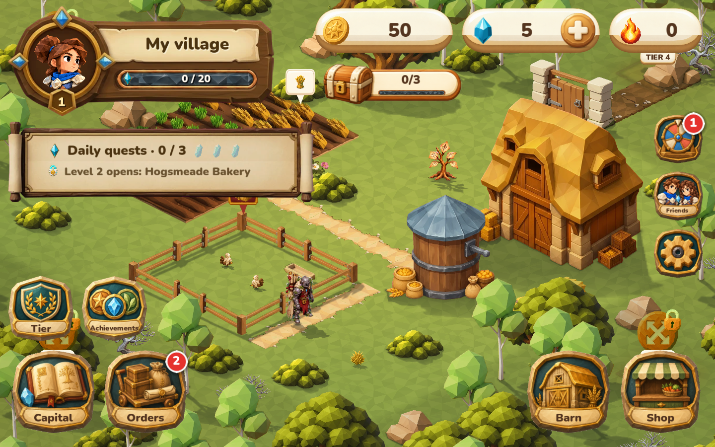 Your village. Farm, crops and buildings in the playable world.